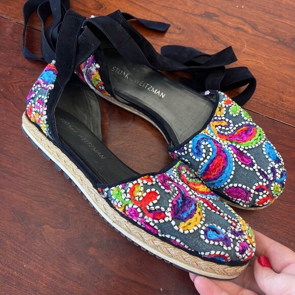 Stuart Weitzman Embroidered Denim Espadrille Flats With Black Ribbon Tie- Sz. 9. - Picture 2 of 13